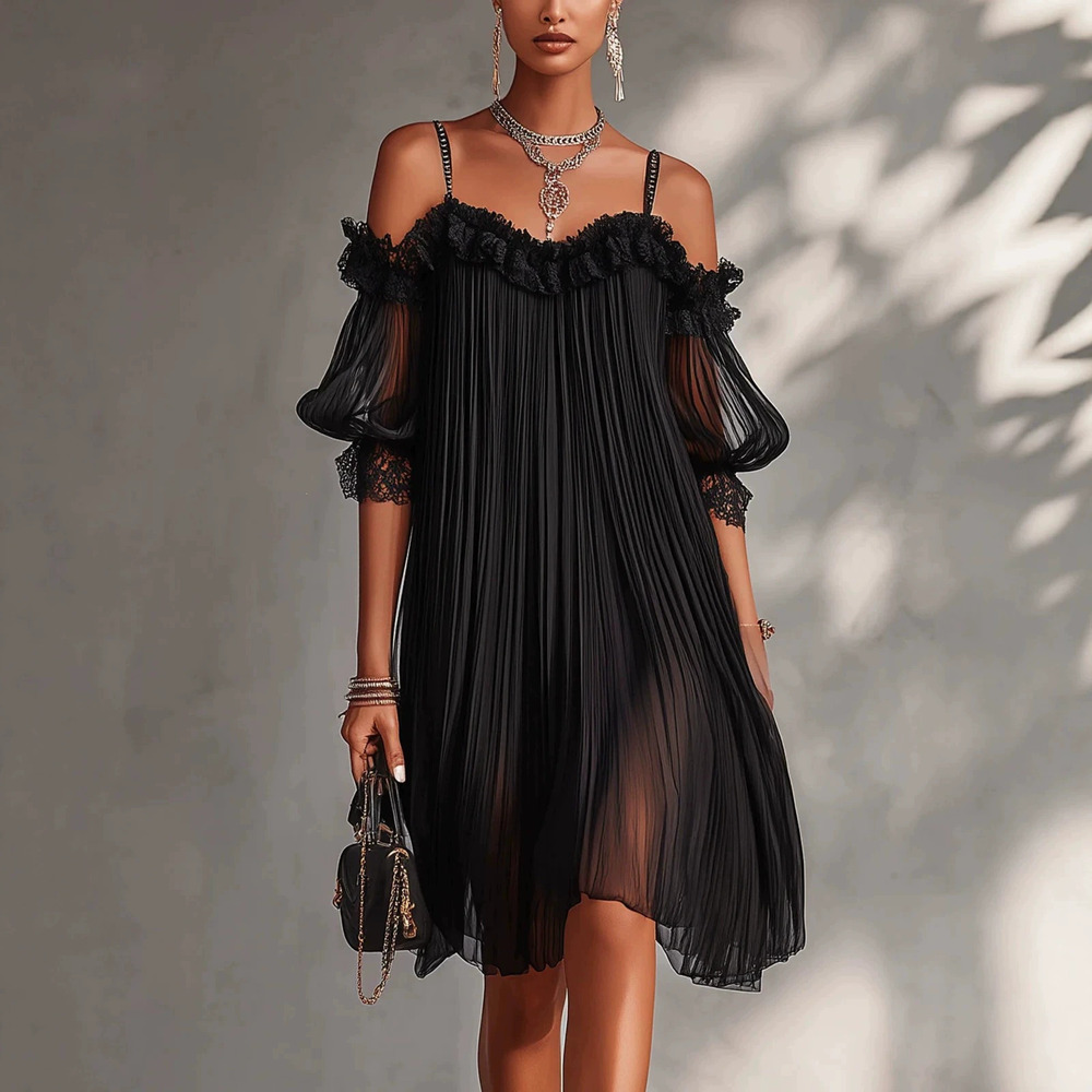 Zara Sheer Lace Trim Spaghetti Strap Backless Solid Color Summer Dress
